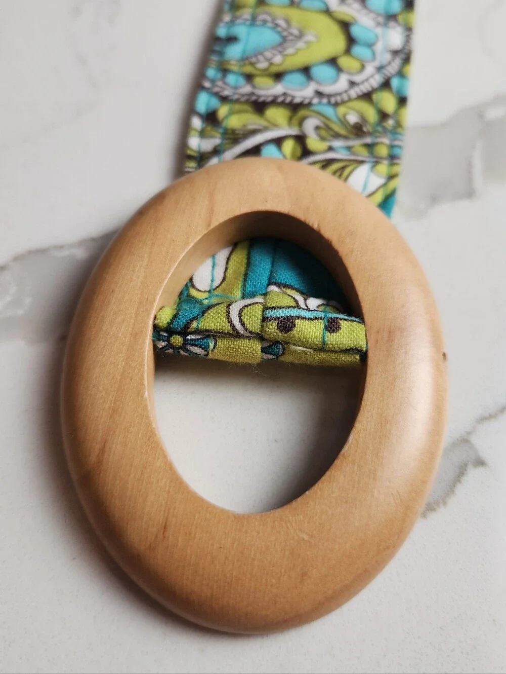 Vera Bradley Reversible Peacock Pattern Fabric Belt with Wooden Buckle